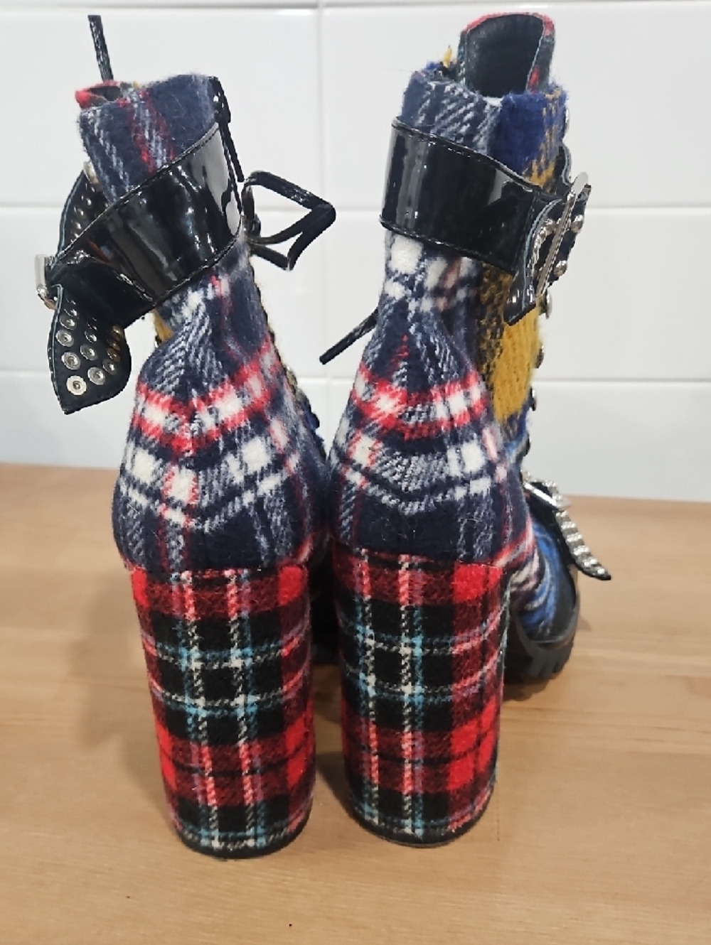 Jeffrey Campbell Lilith Plaid Studded Lace-Up Platform Chunky Heel Boots 7 - Picture 4 of 8